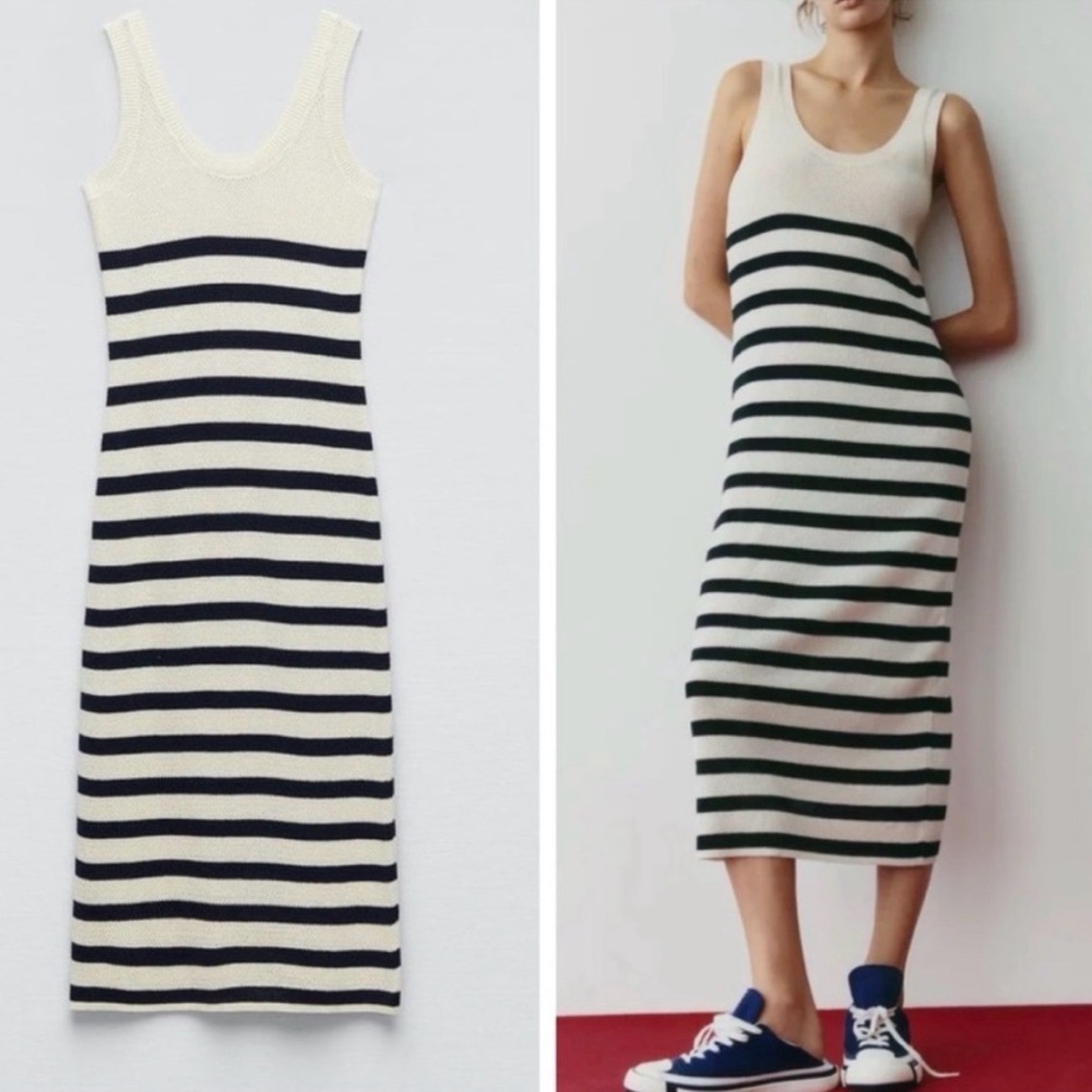 Zara Sleeveless Cream and Navy Striped Knit Midi Dress